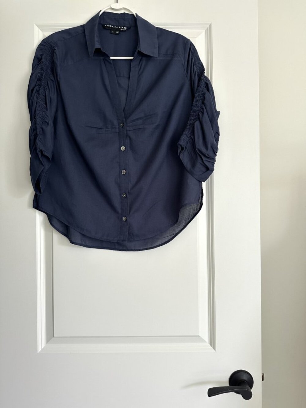 VERONICA BEARD Porta Navy Cotton Ruched 3/4 Sleeve Shirt Size M
